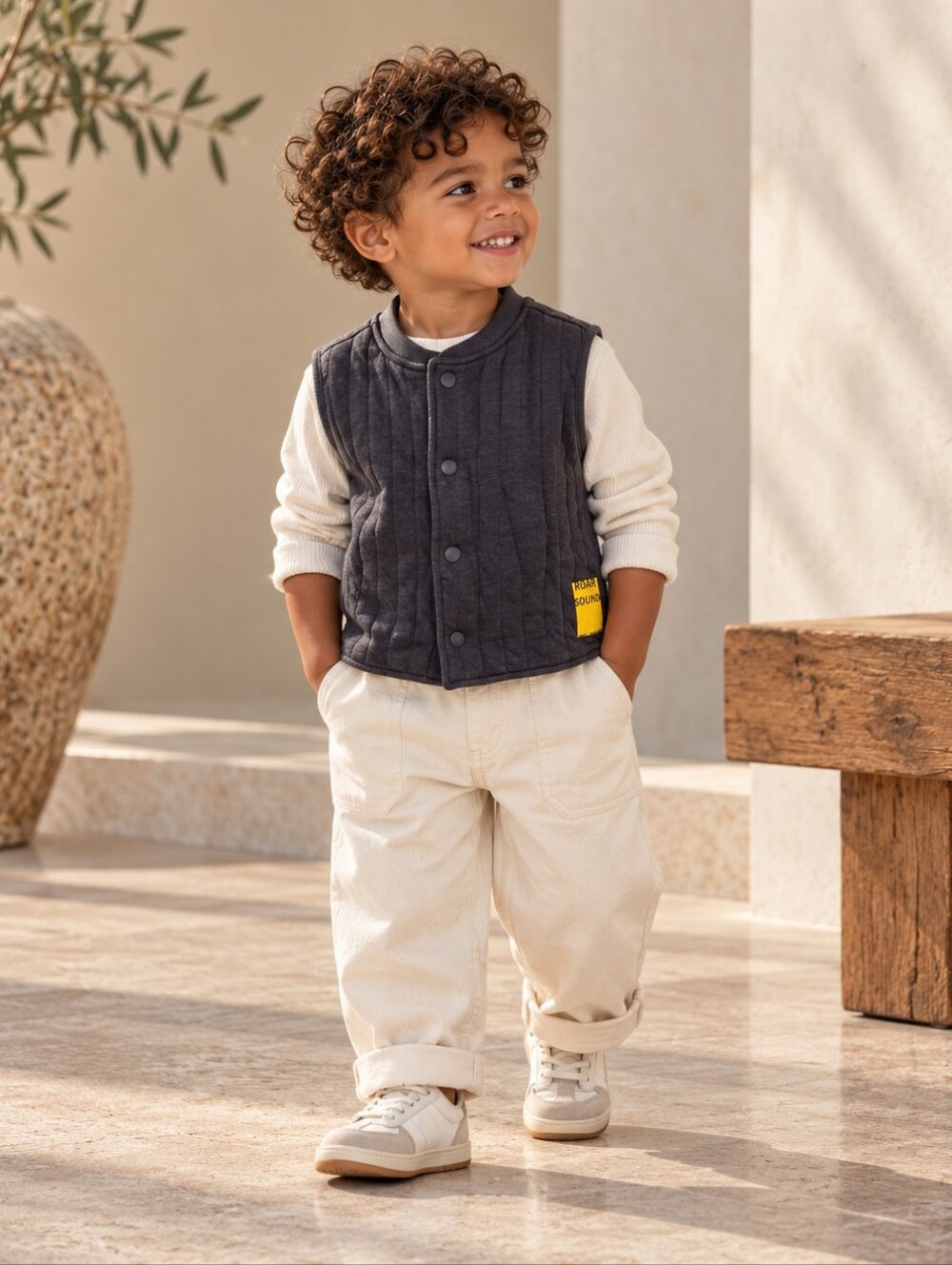 Zara Kids Boys Charcoal Grey Quilted Snap Front Vest 2-3Y Minimalist